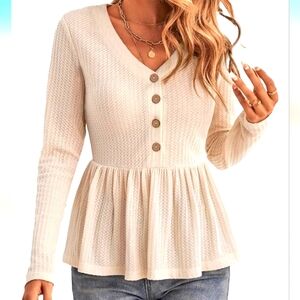 ♥ NWT Beautiful Meetrendi Cream Waffle Long Sleeved Top Buttons Ruffle XL ♥